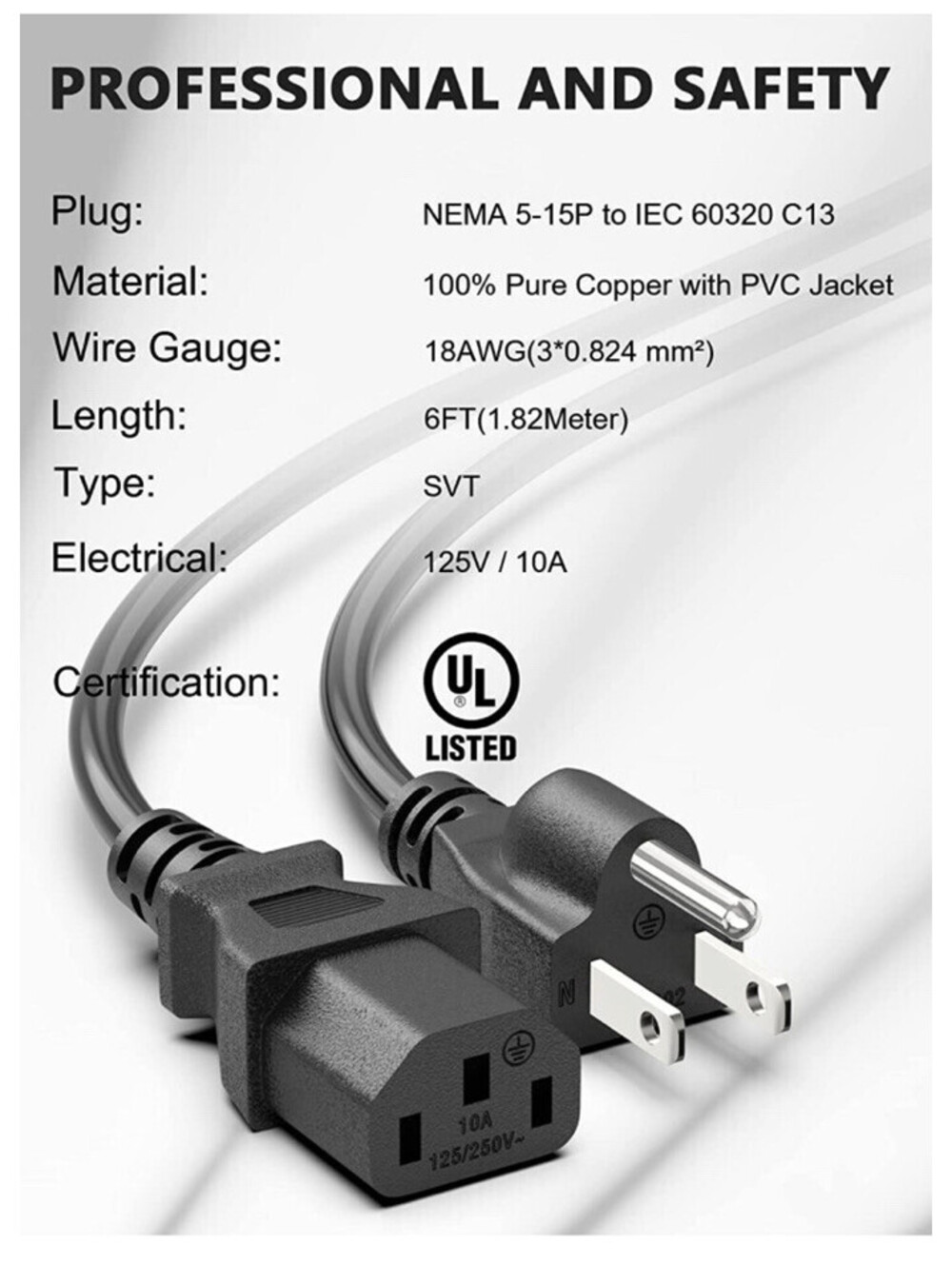 NEW Computer Replacement Power Cord | 6-Foot | Black
